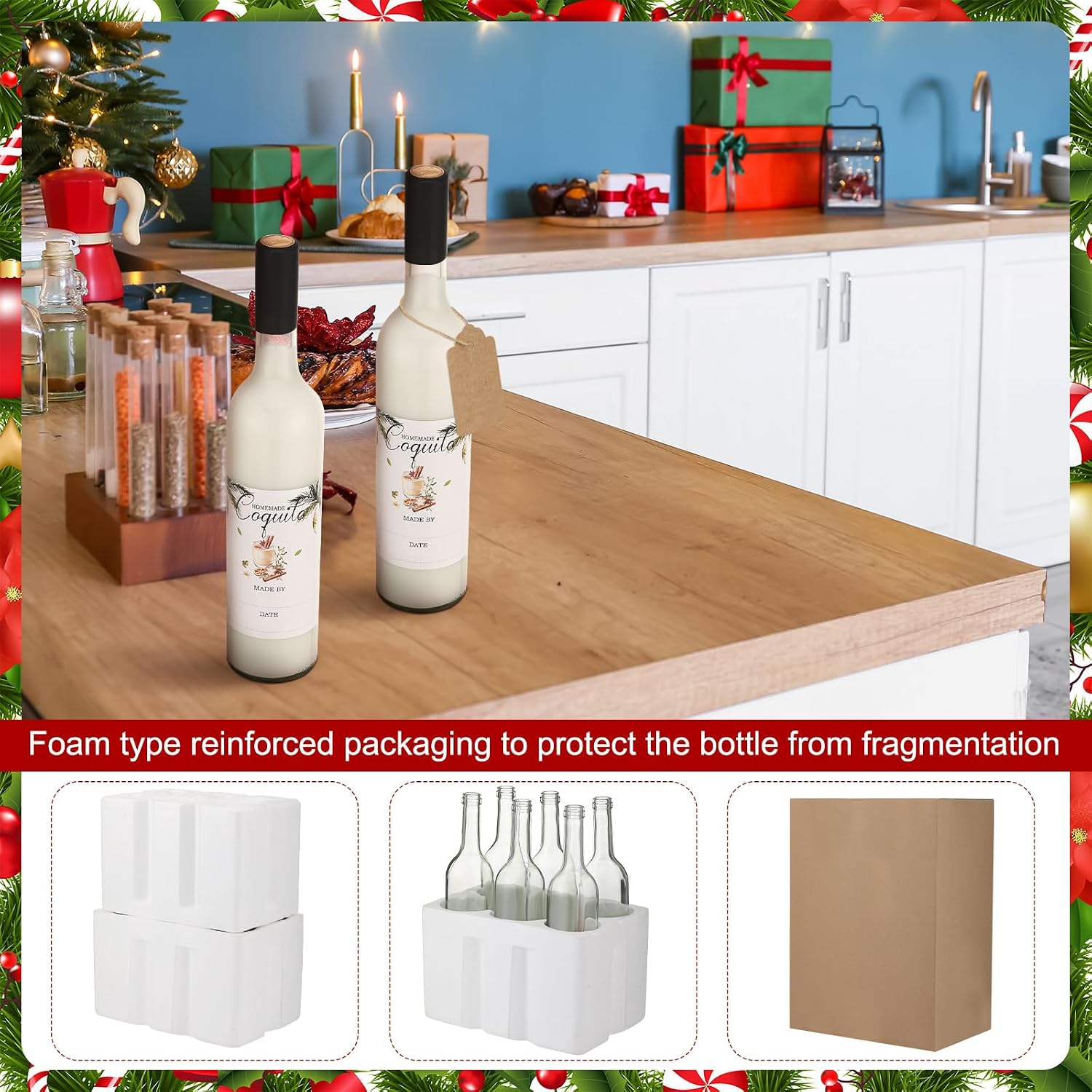 Jingmore 6 Set Christmas Glass Coquito Bottles 25 oz Wine Brewing Bottles for Homemade Coquito with Christmas Stickers Airtight Caps for Home Milk Eggnog
