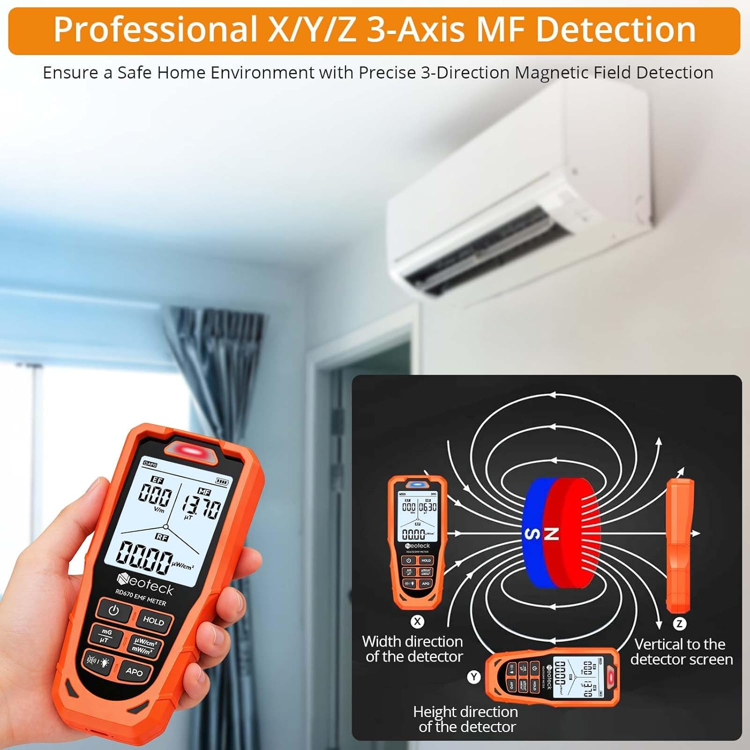 Neoteck RD670 EMF Detector showing 3-axis magnetic field detection with diagrams for X, Y, and Z directions.