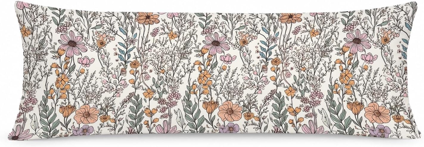Vintage Boho Floral 20x54 Body Pillow Cover, Cottagecore Room Decor, Retro Rustic Cottagecore Flowers Aesthetic Decorative Long Body Pillow Cases for Bed Couch