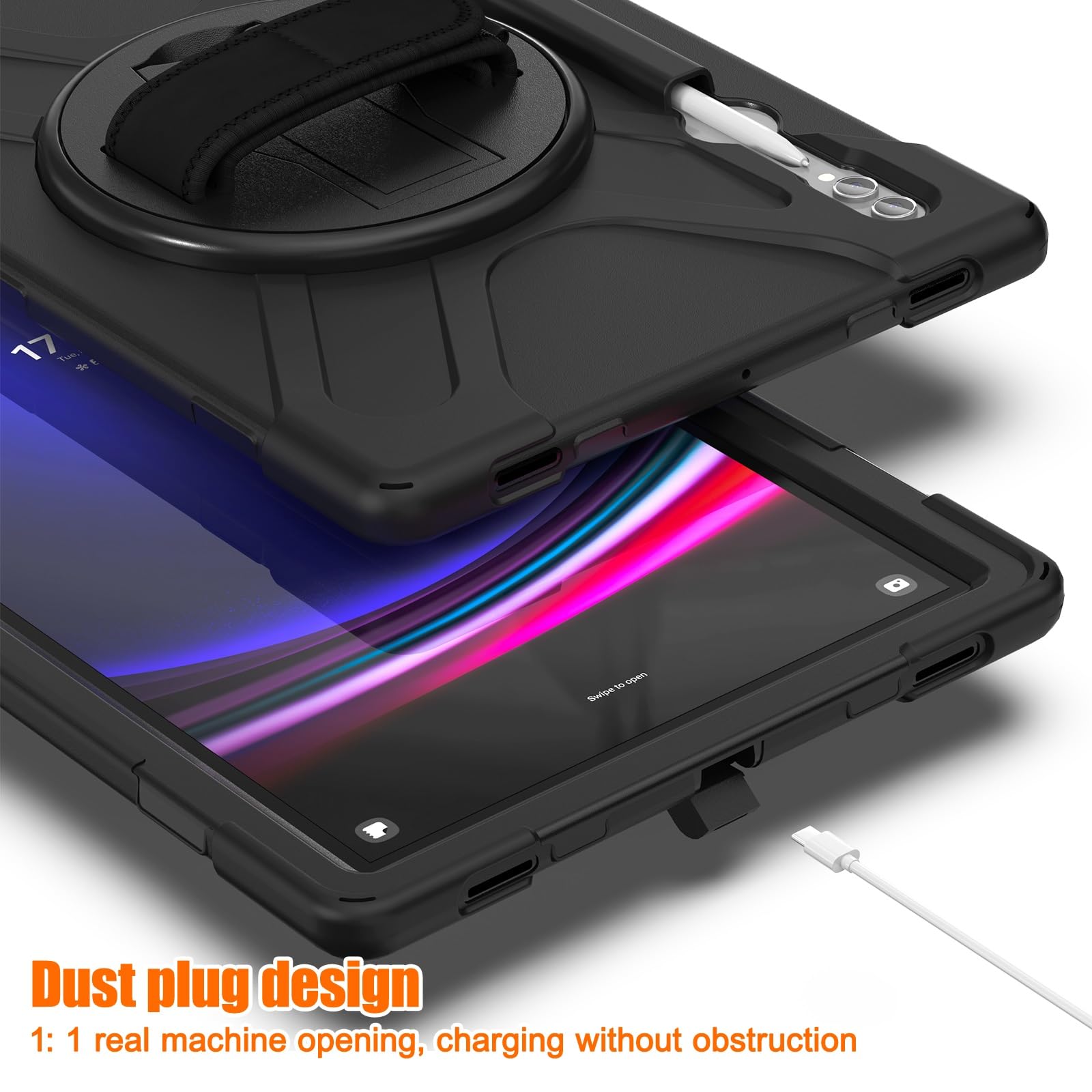Kompatybilny z etui Samsung Galaxy Tab S9 Ultra 14,6 cala 2023 SM-X910/X916B/X918U Etui uchwytem na długopis, wytrzymałe, odporne wstrząsy chroniące przed upadkiem Osłona paska ramię dla dzieci(Noir)