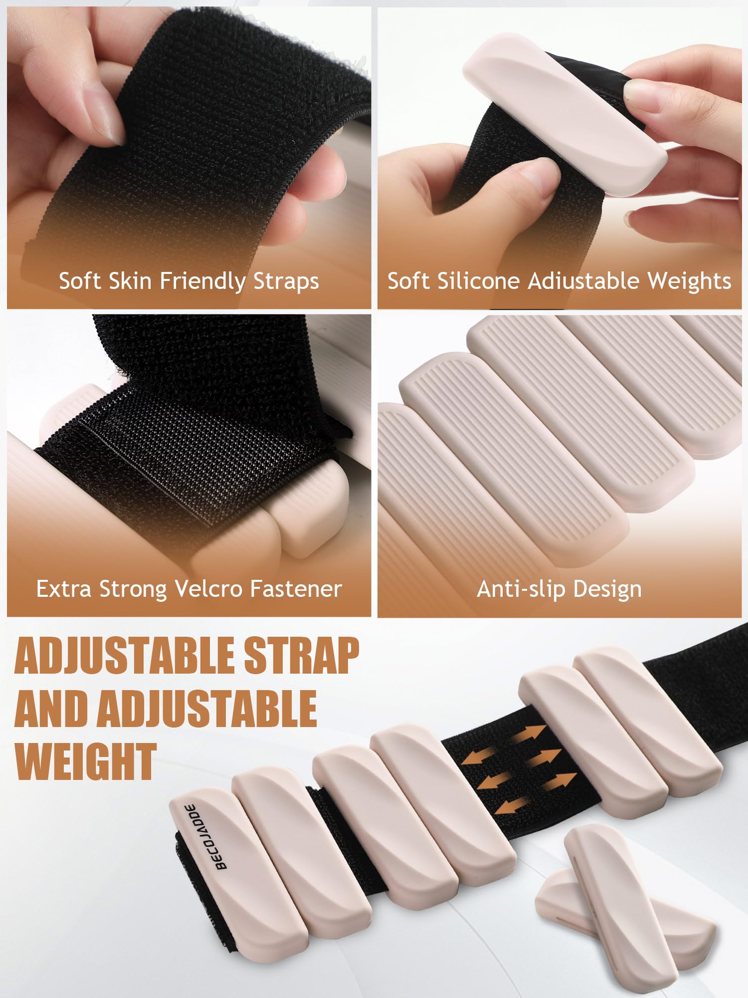 BECOJADDE Ankle Weights for Women Men Set of 2 (0.45 Kg Each) Adjustable Wrist Weights Bracelet for Home Gym Weighted Wristbands Leg Arm Weights for Walking Swimming Running Pilates Yoga Beige - Image 4