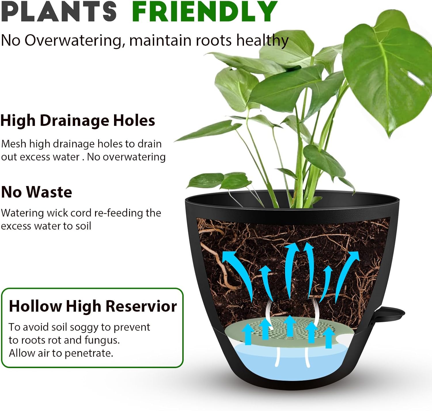 VINEDI 12,10,9 Inch Self Watering Planter with Saucer -3 Pack Indoor Outdoor Plant Pots with Drainage Hole for Flowers, Vegetables, and Snake Plants (Black)