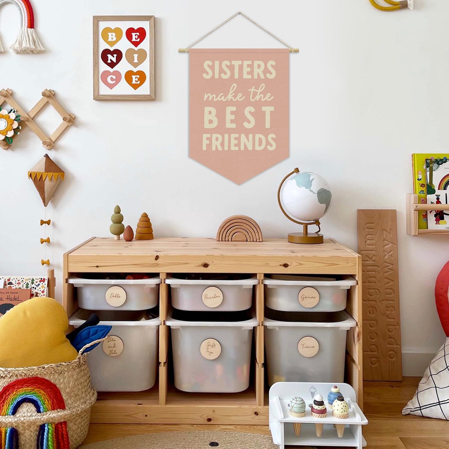 XYDEG Girls Room Decor, Sisters Make the Best Friends Linen Canvas Banner, Pink Preppy Girly Wall Hanging Pennant Flag Banner for Girls Nursery Kids Toddler Room Bedroom Dorm Decor, 15x11in