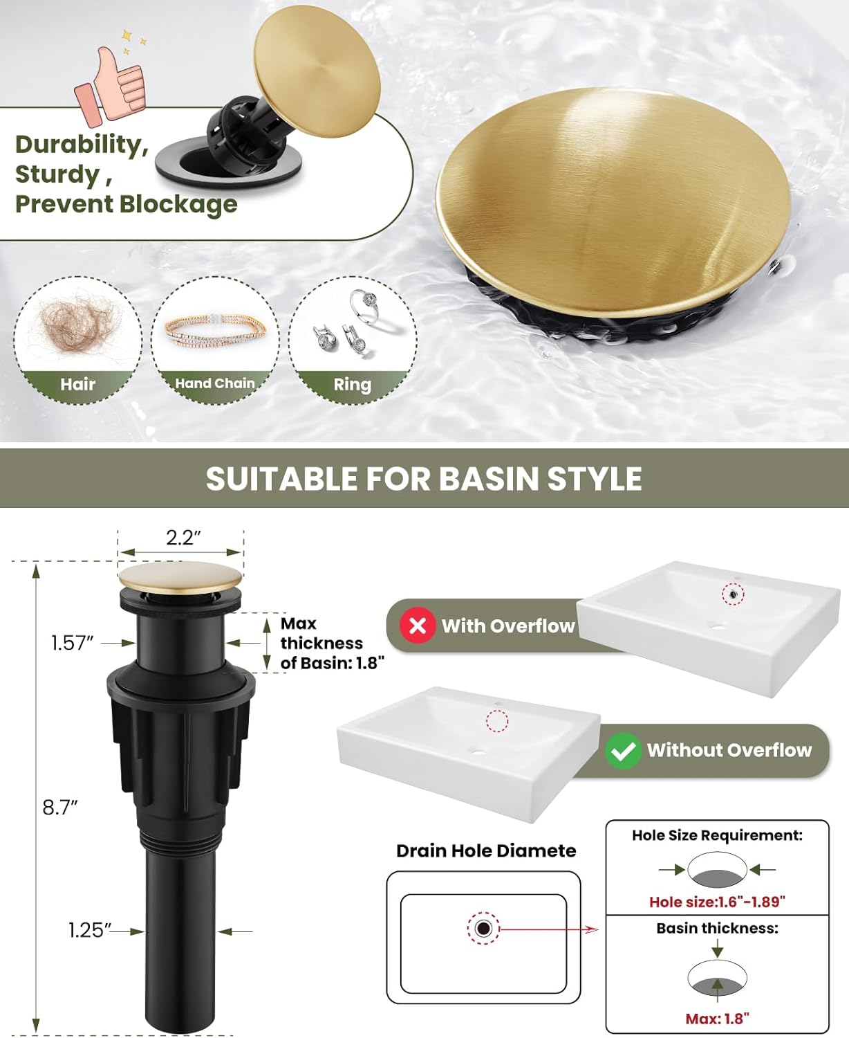 gotonovo Vessel Sink Faucet Single Handle Tall Bathroom Faucet One Hole Modern Lavatory Vanity Basin Mixer Tap Matching Supply Hoses and Pop up Drain Without Overflow, Brushed Gold