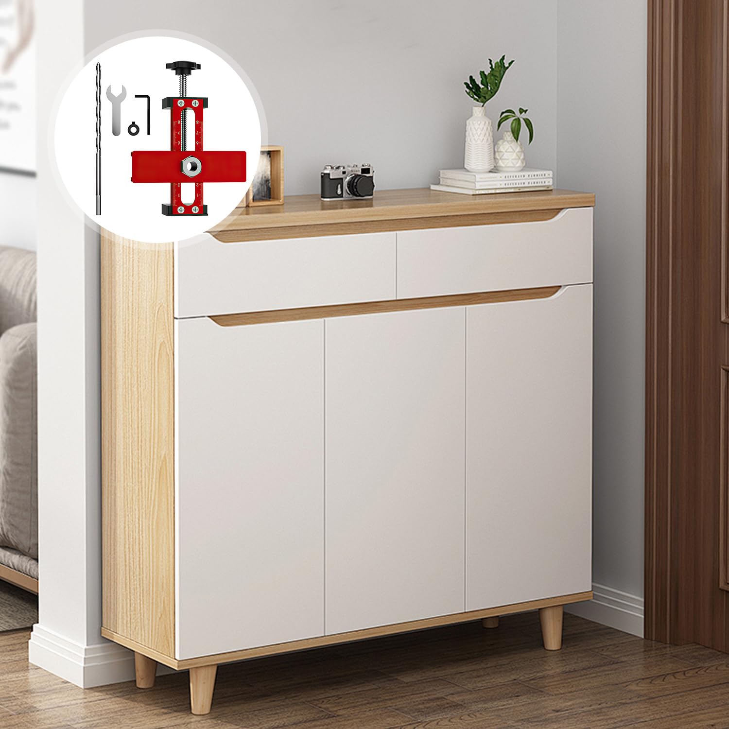 Positionneur D'installation de Porte D'armoire, Peut Être Ajusté de Haut en Bas de 15–75 mm, Serre Fermement le Trou D'installation du Rebondeur, à Différents Styles de Portes D'armoire (rouge)