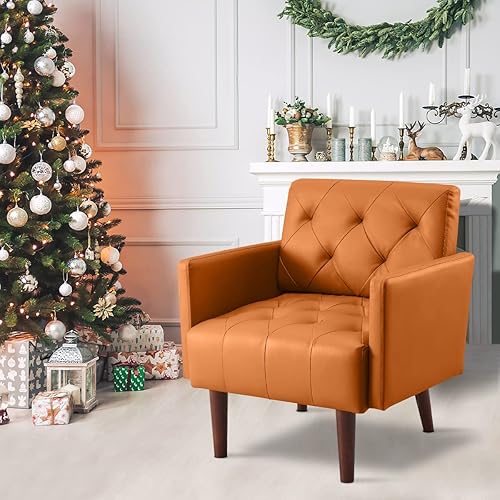 Miniatura 35 de Silla decorativa de piel sintética, sillón moderno de mediados de siglo para sala de estar, silla de lectura, sofá individual, cojín de espuma de