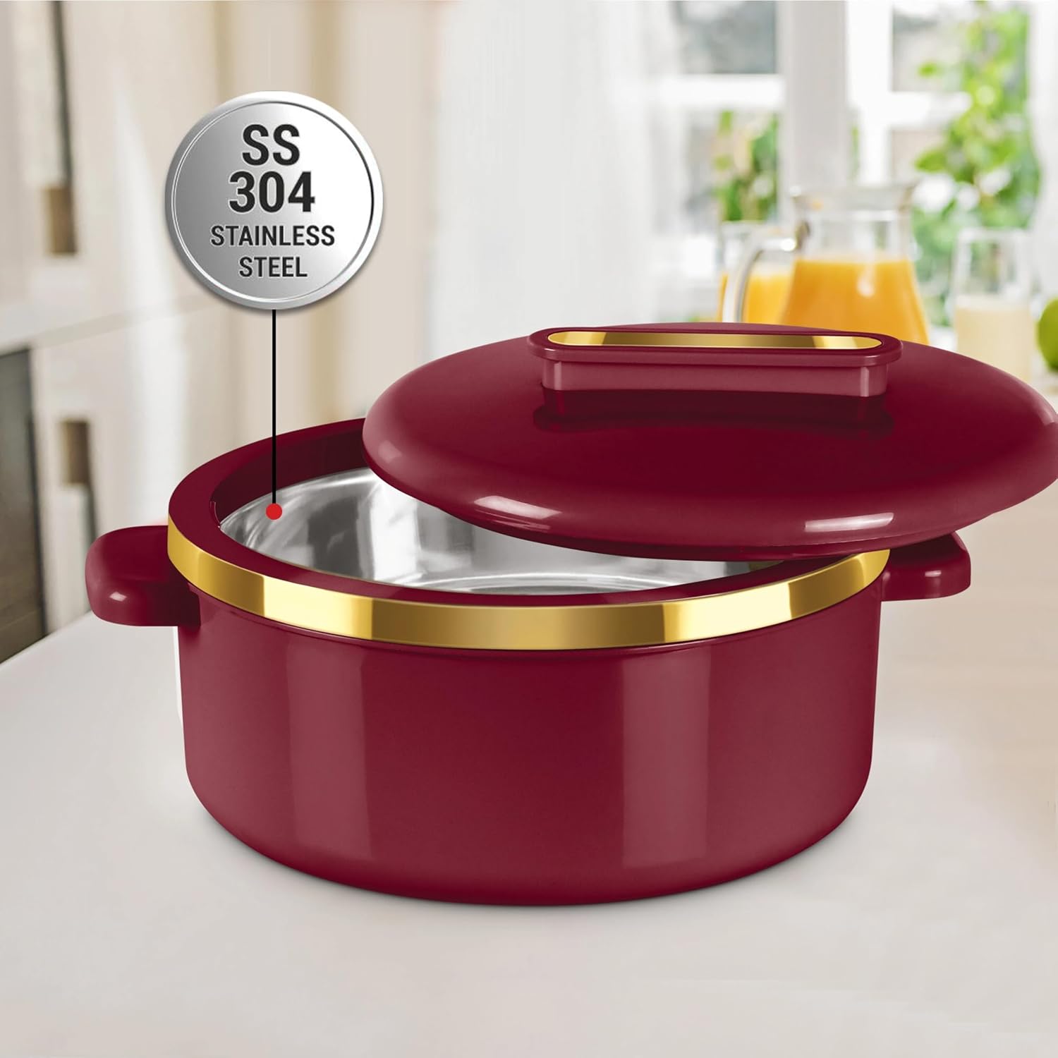 Inner Steel Casserole | Keeps Food hot & Fresh Chapati, Roti, Biryani, Best For Breakfast, Lunch, Dinner, Kitchen Cassrole Set of 1, Maroon (1500ml,)