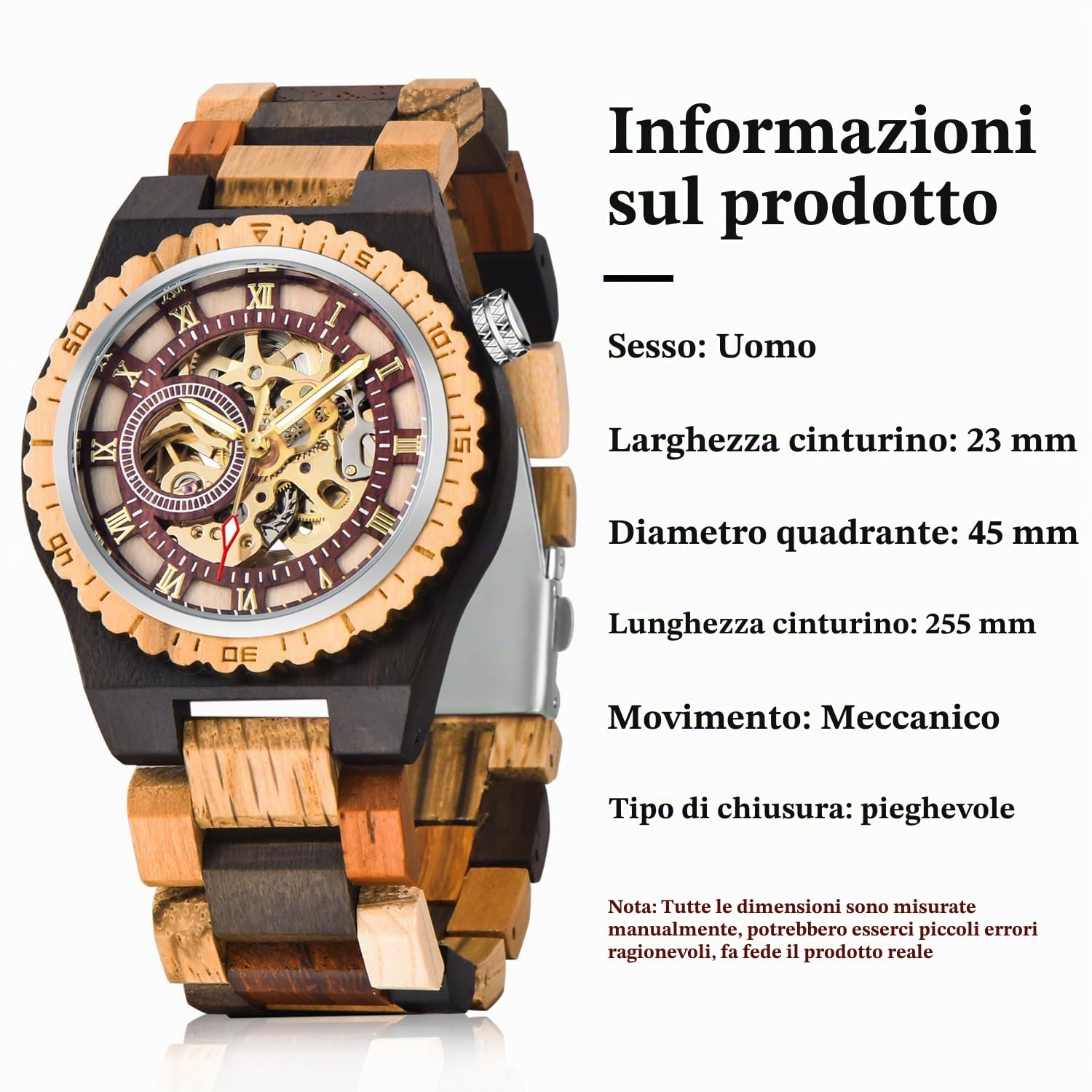 Tiong Orologio sportivo meccanico in legno, quadrante digitale cavo, cinturino in legno con lancette luminose, orologio meccanico da uomo