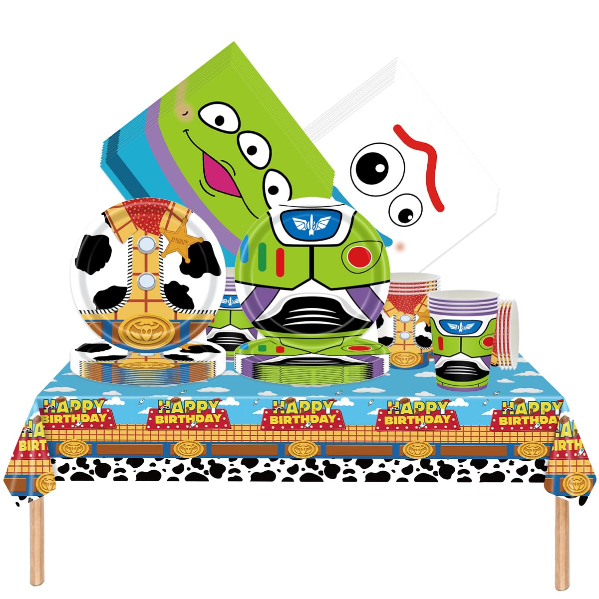 Cartoon Story Stoviglie per feste, 61 pezzi Nuvole Stoviglie per compleanni per bambini, Tema giocattoli Set di piatti di carta per feste, Compresi bicchieri, tovaglioli e tovaglie