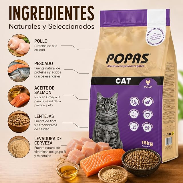 POPAS Pienso para Gatos Adultos Cat, Pollo y Pescado, Alimento Completo Seco, con Aceite de Salmón, Taurina