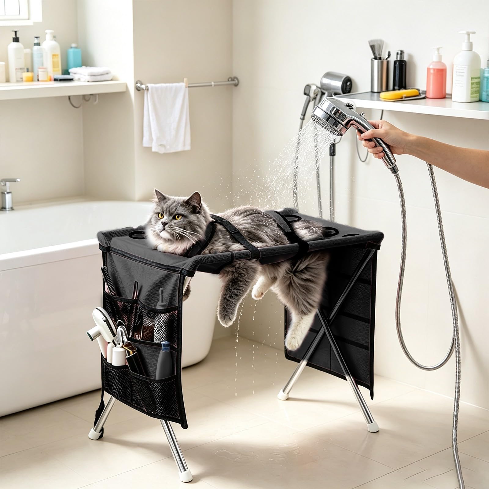 Tavolo per Toelettatura Cani Pieghevole, Supporto Amaca per Toelettatura，C | Tavolo da Bagno per Gatti Traspirante per Cani Piccoli e Gatti Stazione di Toelettatura per Taglio Unghie Asciugatura e Bagno