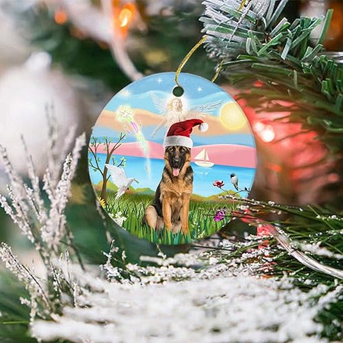 Vista 4 de Divertido adorno de Navidad 2024-Angel Loving a German Shepherd con sombrero de Papá Noel de Navidad, regalo de vacaciones, adorno redondo