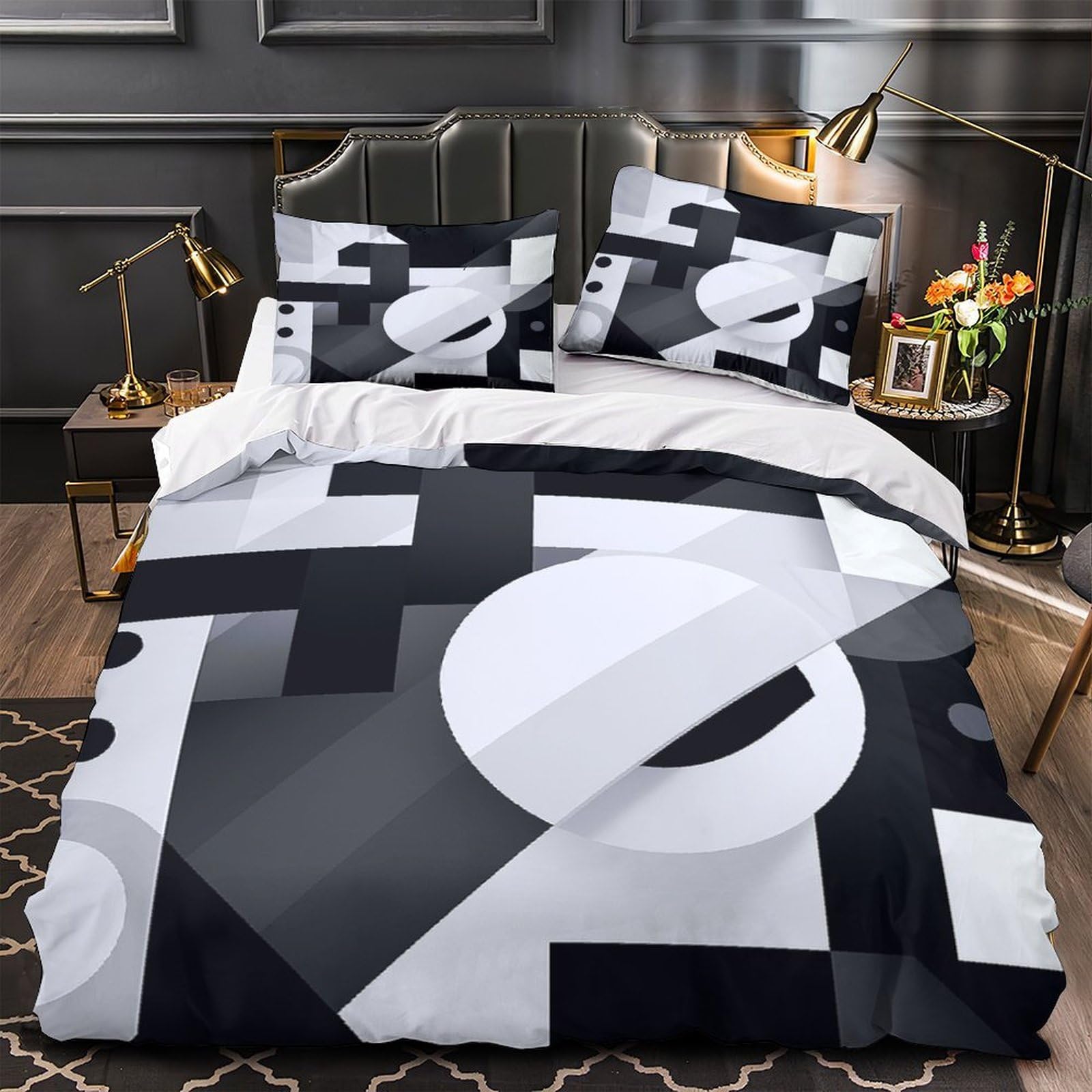 Housse de Couette Noir et Blanc Lit Simple Parure Géométrie Abstraite