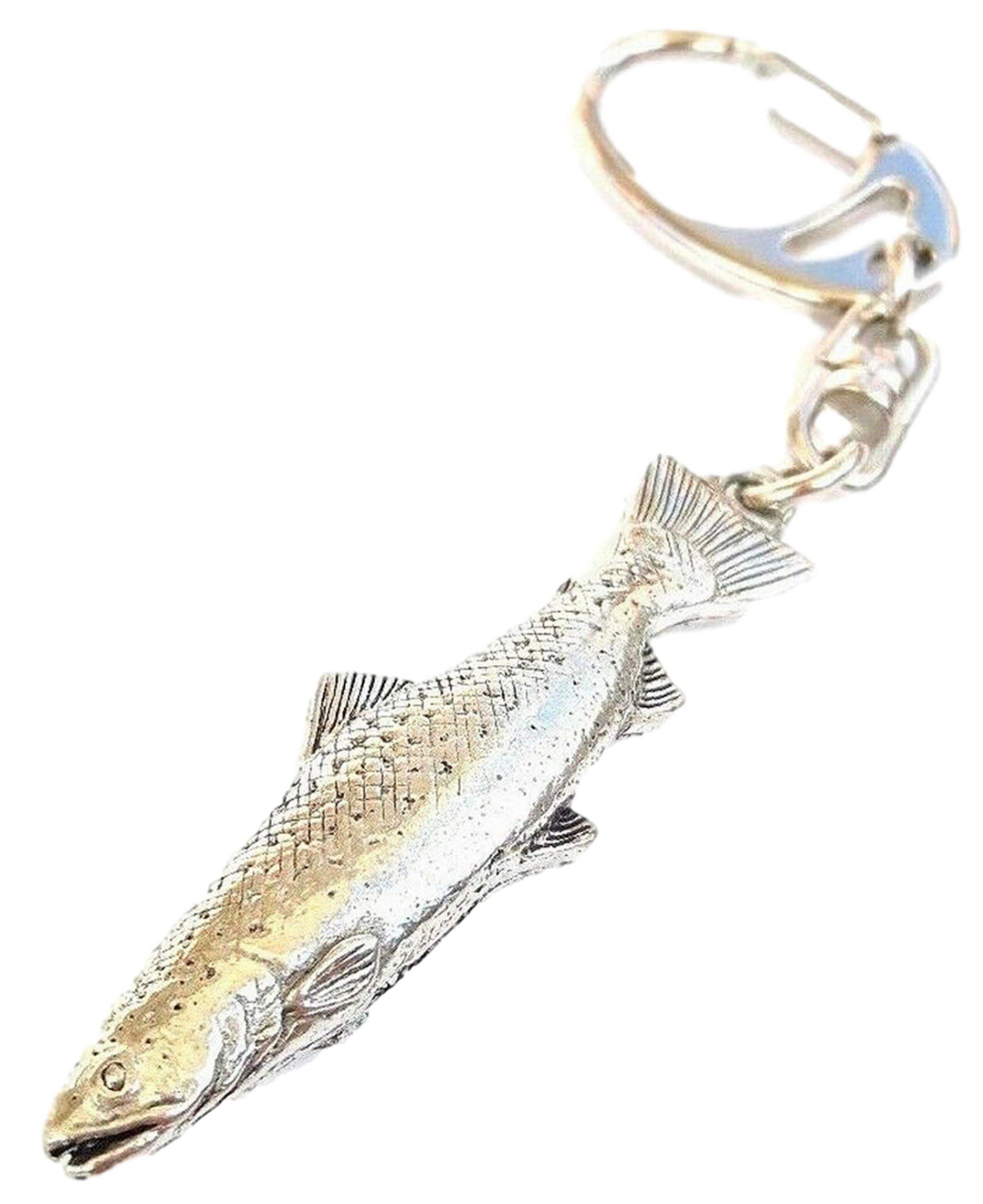 Trout Fish Handcrafted from Solid Pewter In the UK Key Ring + 59mm Button Badge + Gift Bag