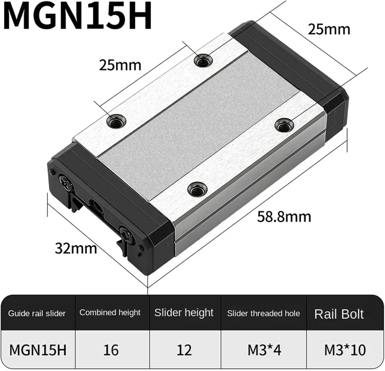 MGN15 L from 100-800mm Miniature Linear Rail Slide 1Pcs MGN Linear Guide + 2Pcs MGN Black Block(MGN15H,200mm)