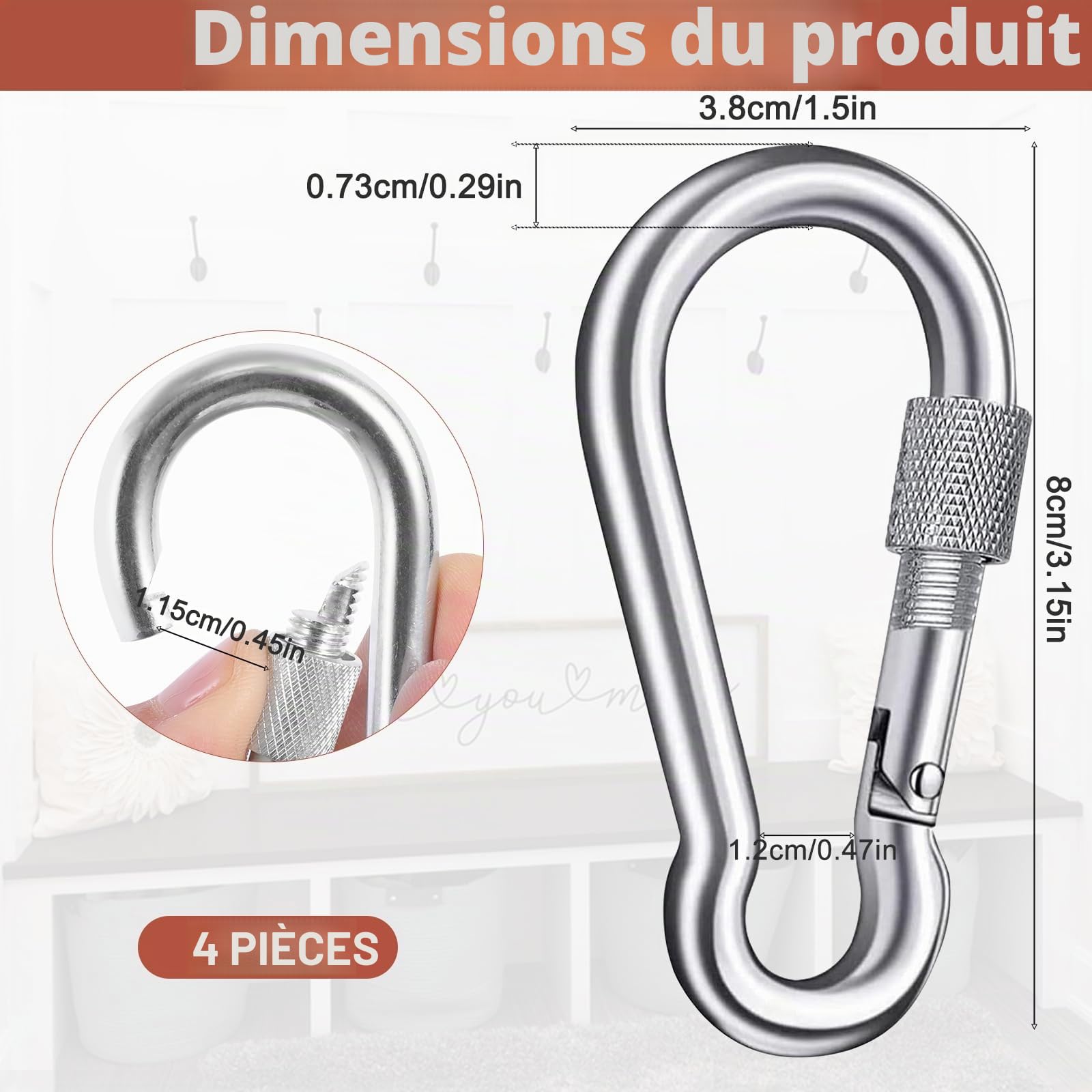 Lot de 4 mousquetons en acier inoxydable - Capacité de charge : 200 kg - Mousquetons à vis - Pour l'extérieur, la randonnée, les voyages, la maison - 38 x 80 mm