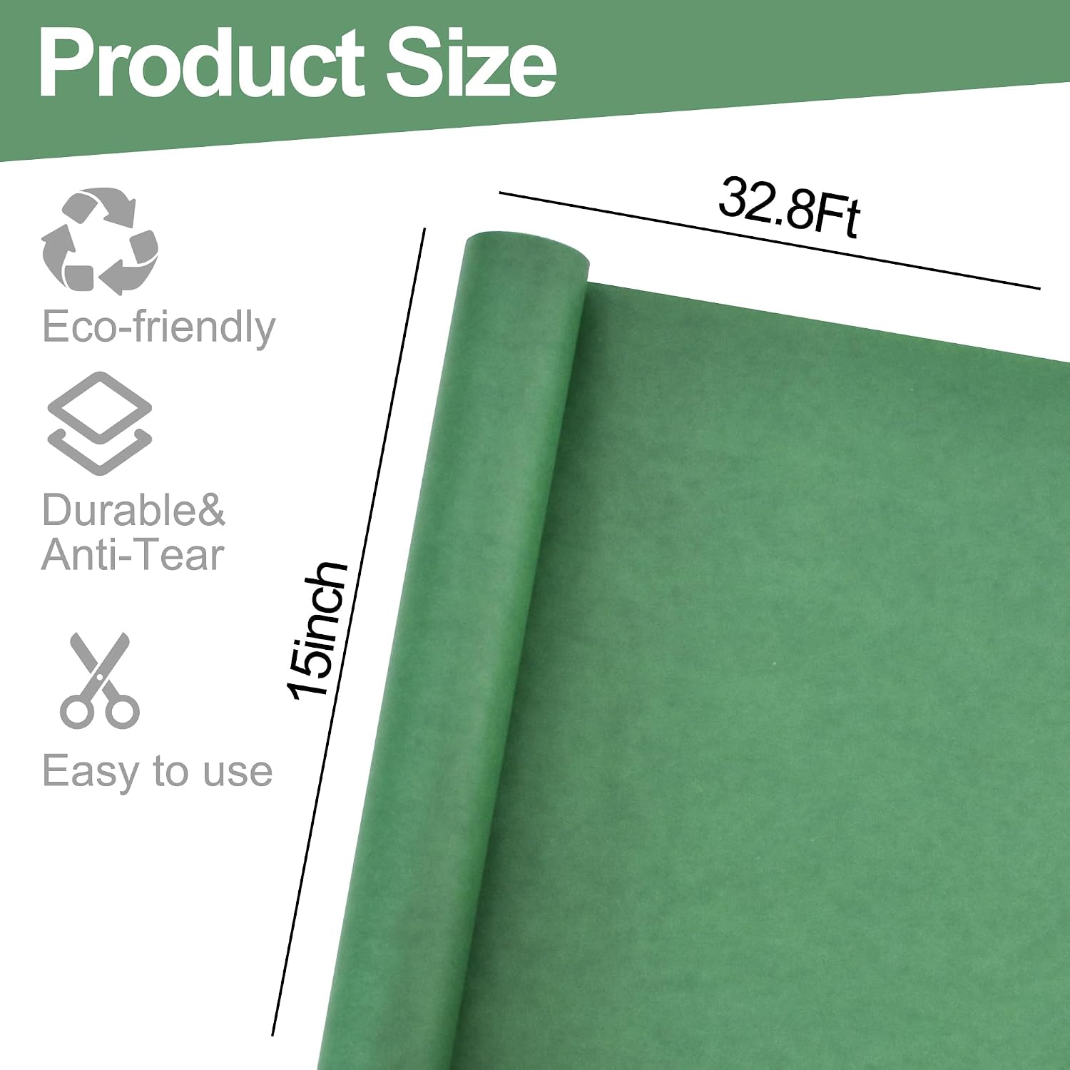 BEISHIDA Dark Green Gift Wrapping Paper Roll, 15in X 32ft Kraft Bulletin Board Paper Gift Wrap for Christmas Mother's Day Valentine's Day Graduation, Flower Wrap