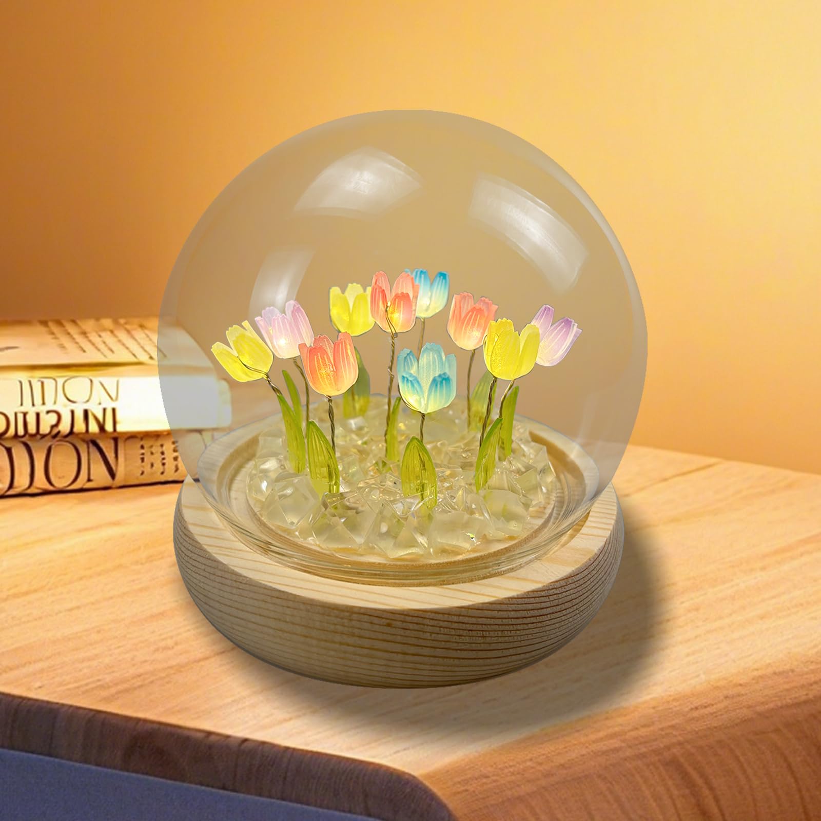 Hyhuiyin Tulip Lamp Night Light, Tulip Flower Lamp with with Glass Dome Cute Flower Fairy Lights Handmade Artificial Flower Table Lamp Room Decor for Women Girlfriend Christmas Birthday Gift(Colorful)