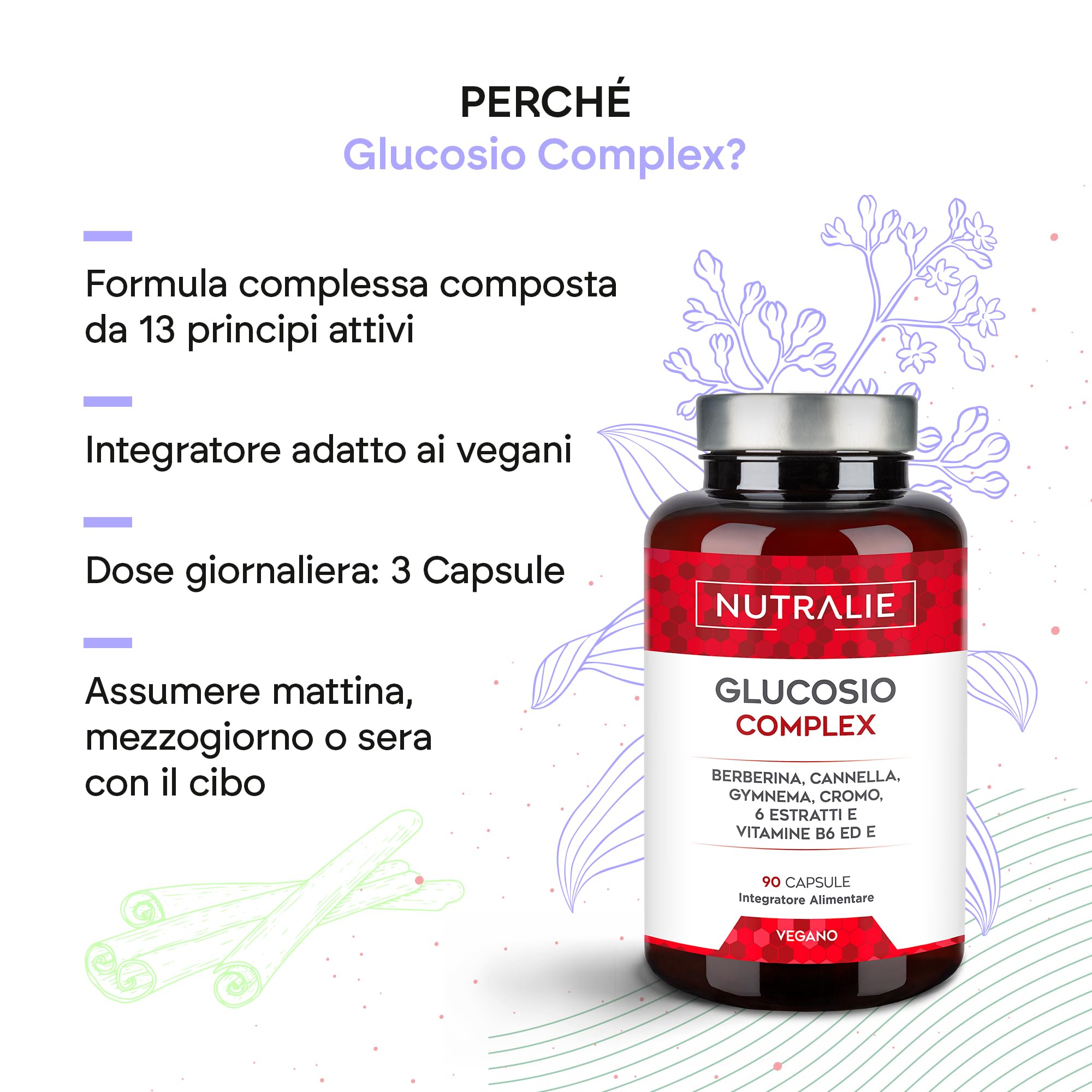 Glucosio Complex 2000mg - Controllo del Glucosio - Berberina Cromo Cannella Gymnema Pepe nero Melone amaro Vitamina B6 + E - Livelli normali di glucosio nel sangue - 90 capsule Nutralie