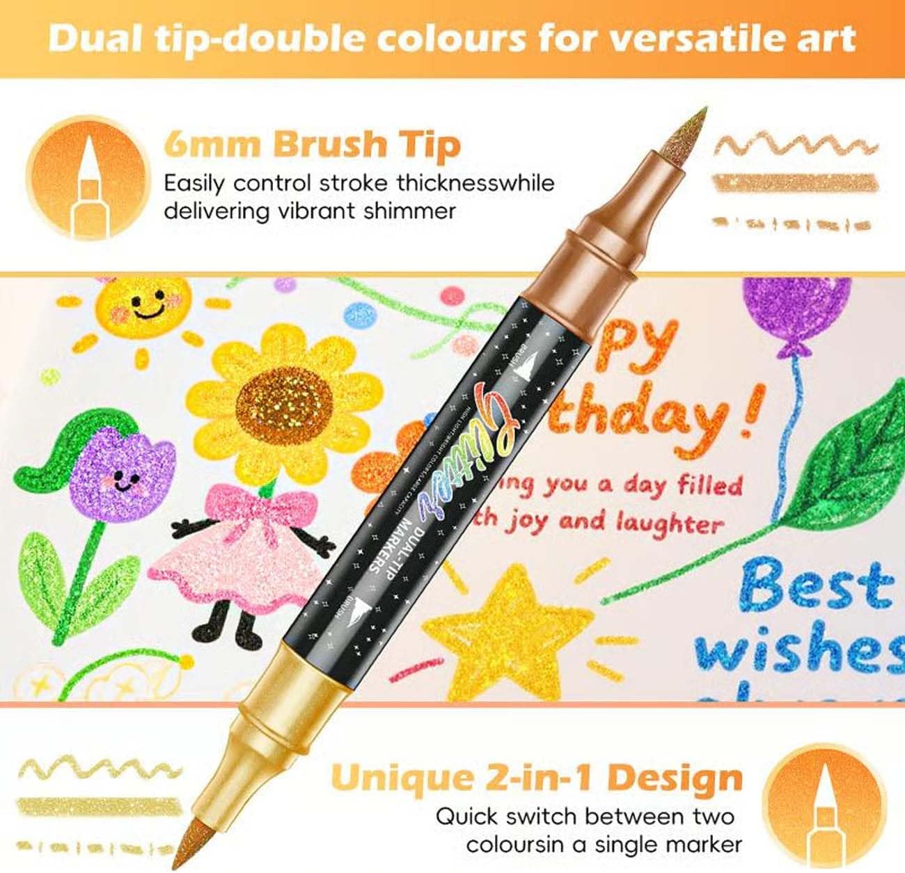 Glitter Effect Brush Markers, Create Sparkling Art Smoothly, Dual Tip Metallic Shimmer Pens Set, for Coloring, Journals, Planners, Scrapbooking & Card Making (48 colors)