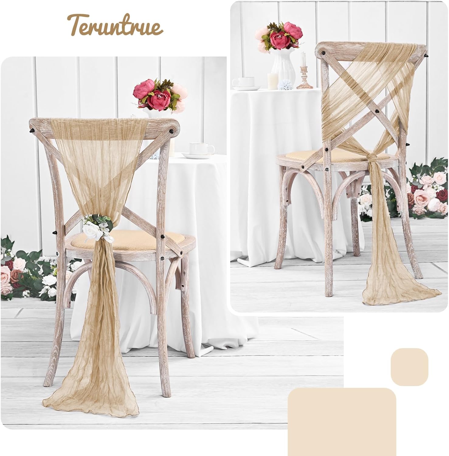 Teruntrue Cheesecloth Chair Sashes Aisle Decorations 20 Packs, Chair Bow Designed Decorative Chair Cover Chair Sashes 70 Inch for Wedding Reception Party Hotel Decoration(Beige)