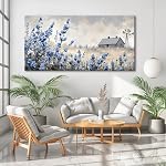 Canvas Wall Art – Farmhouse Country Landscape with Blue Wildflowers and Rustic Barn – Vintage Windmill Field Print – Modern Farmhouse Wall Decor for Living Room, Bedroom – Ready to Hang 100x50cm