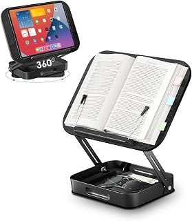 Viozon Buchständer, Drehbarer Buchhalter mit Höhenverstellung, klappbarem Metallfuß, integriertem Stehsammler Holz, ideal als Leseständer für Schreibtischzubehör, Notenständer, Tablet/Laptop, Schwarz