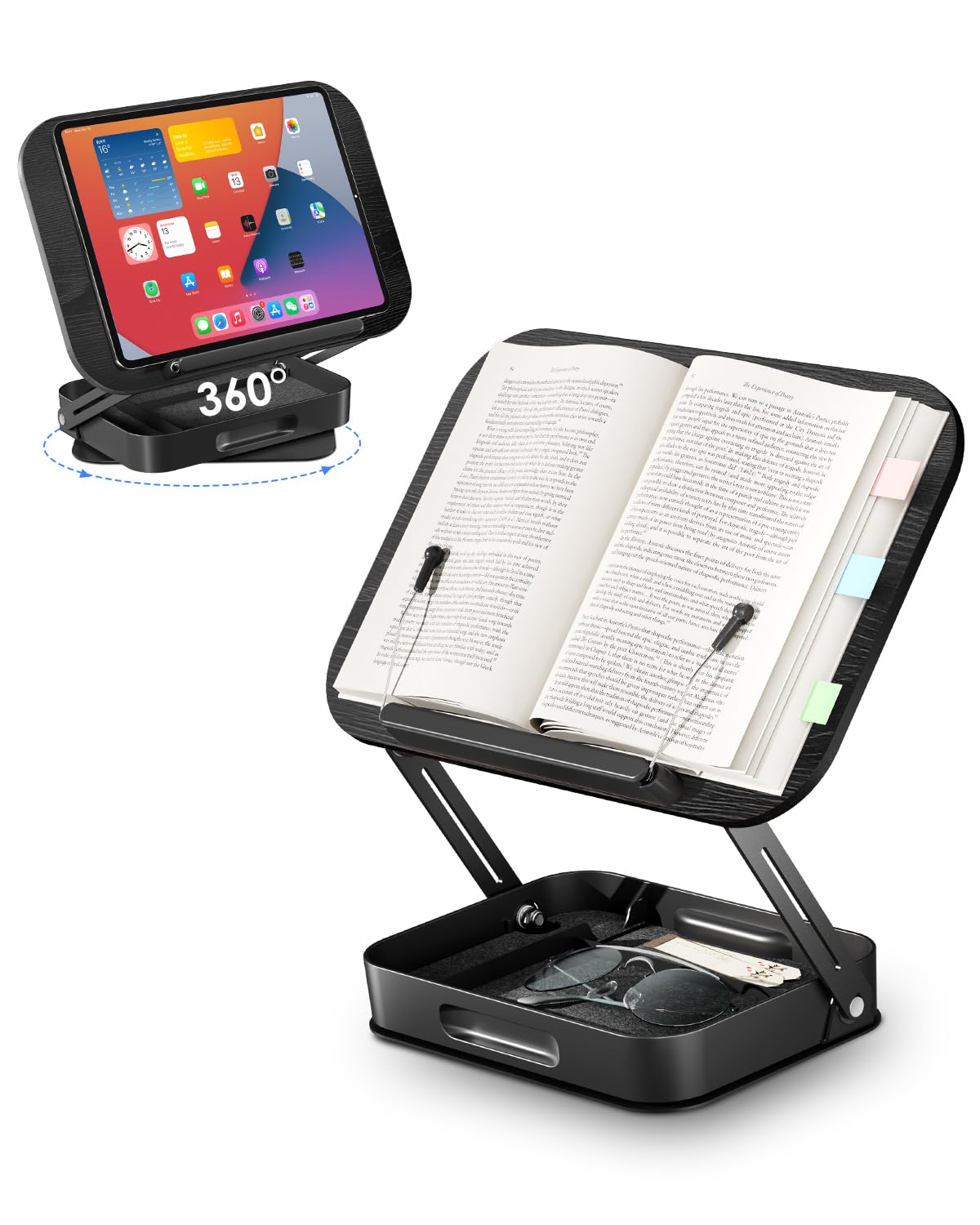 Viozon Book Stand, Rotatable Wooden Book Display Stand with Height Adjustment, Foldable Metal Base, Built-in Small Organiser, Ideal for Study, Reading, or Music Practice, for Tablet/Laptop, Black