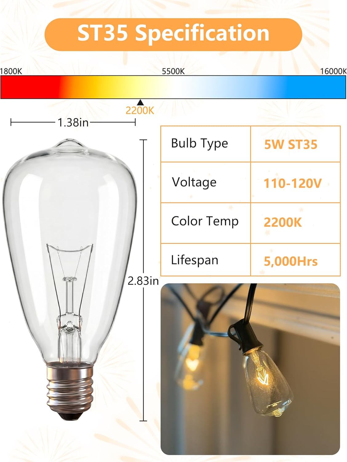 25 Pack Edison Light Bulbs, 5 Watts E12 Candelabra Base ST35 Edison Replacement Bulbs, Bistro Light Bulbs Incandescent for Outdoor Patio, Vintage Light Bulb Warm White