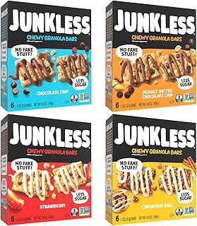 JUNKLESS Classic Chewy Granola Bars - Bulk Variety Pack, Gluten-Free, Non-GMO, Lower Sugar, Healthy Snacks for Kids & Adults, 4 Boxes (24 Bars)
