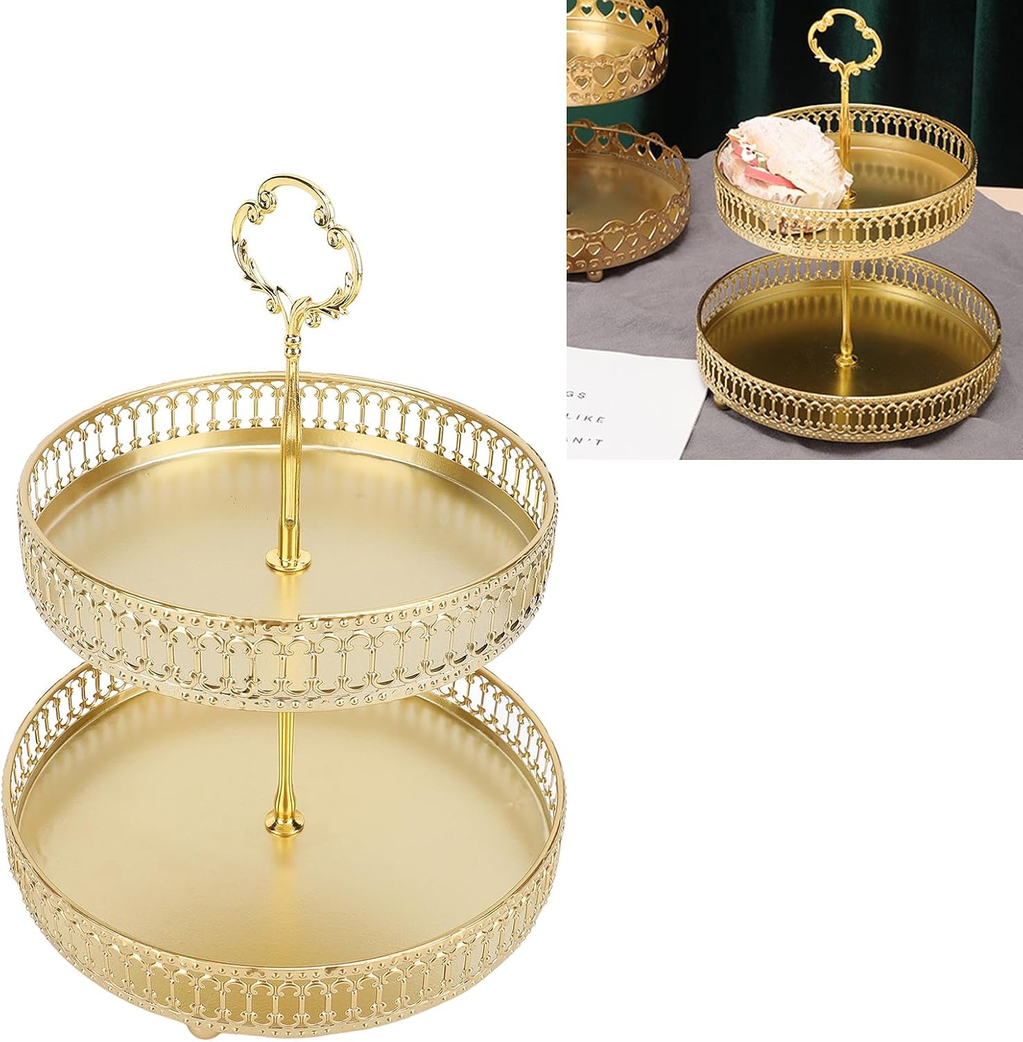 2 Tier Serving Tray, Vintage Golden Trim Cupcake Stand, Large Capacity Metal Serving Dishes Dessert Display, for Tea Wedding Birthday Party, Home Decor (Stripe Gold)