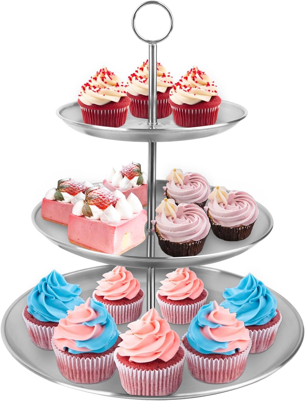 3 tier silver cupcake stand stainless steel dessert display rack with removable tiered tray for parties,weddings,birthdays,decorations,any festivals and festivities(stainless steel pole) silver - stainless steel pole