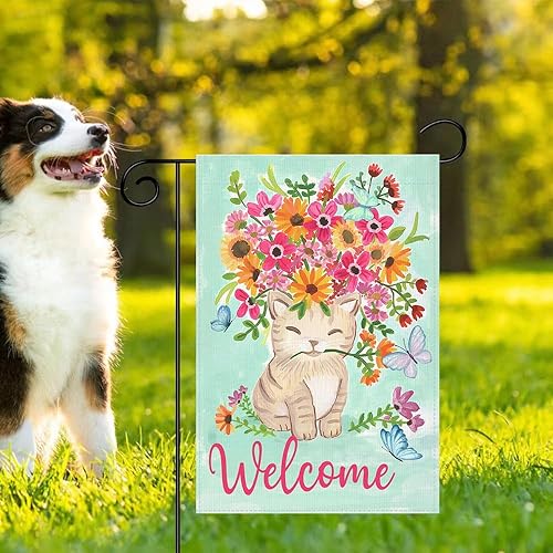 Miniatura 2 de Bandera de jardín de primavera de 12 x 18 pulgadas, vertical, de doble cara, decoración para exteriores, diseño de gato y flor, bandera de arpillera