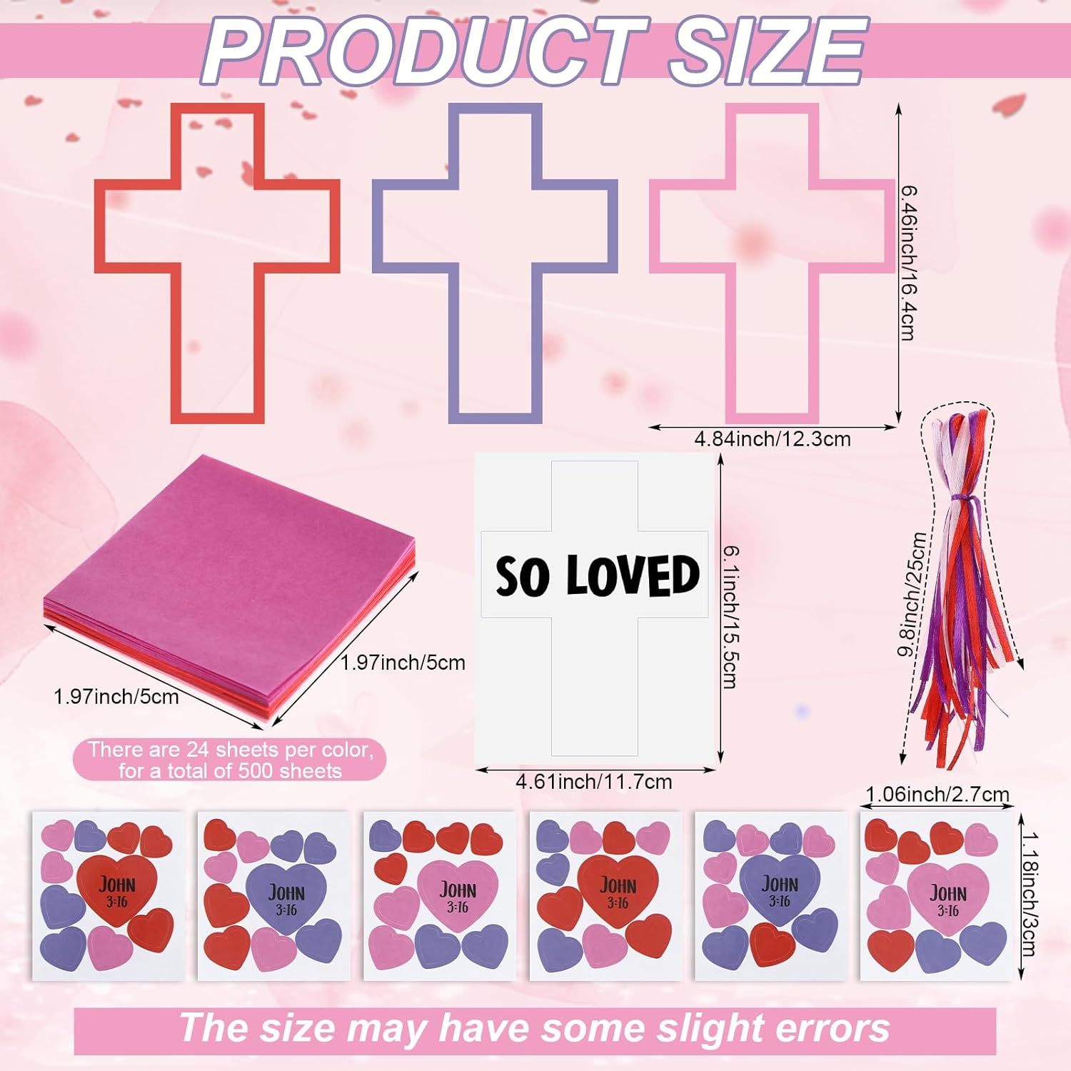 Realspring 24 Sets Cross Valentine's Day Crafts DIY Valentines Paper Crafts Tissue Paper Crafts Kit Arts Hanging Ornament for Sunday School Crafts Valentine Party Game Activities