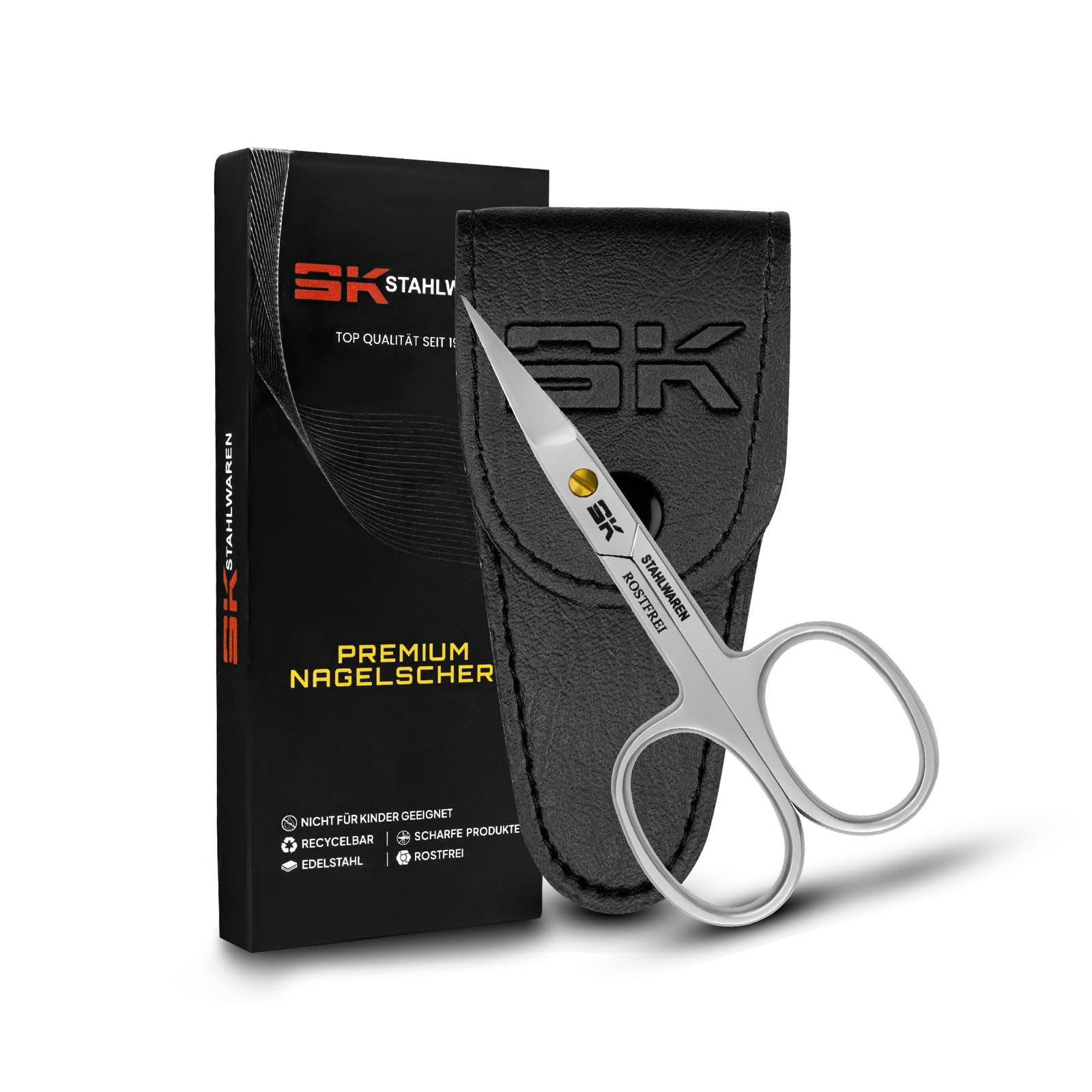 SK Stahlwaren Curved Nail Scissors, Stainless Steel Rustproof, Precise Cutting, Manicure & Pedicure Care, Faux Leather Case