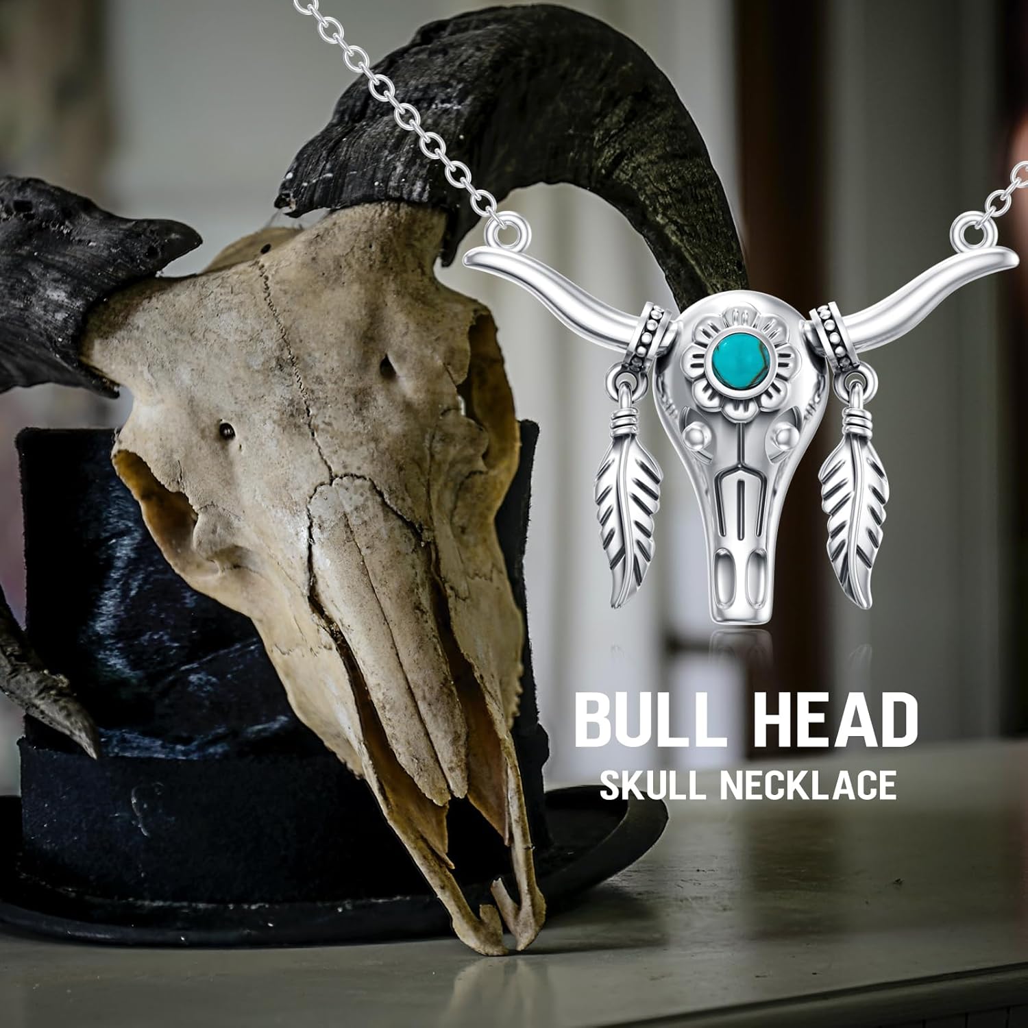 Western Turquoise Bull Head Necklace for Women 925 Sterling Silver Genuine Turquoise Cow Skull Cowgirl Country Tribal Cattle Pendant Jewelry Gift for Her Mom Wife - Image 5
