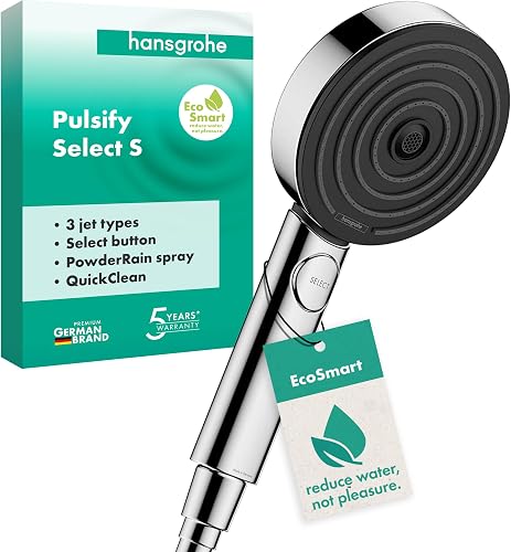 hansgrohe Pulsify Select S - Pommeau de douche économie d'eau avec 9 l/min (EcoSmart), Douchette à main avec 3 types de jet (Edition Relaxation), Douchette ronde (diamètre 105 mm), Chromé - 1