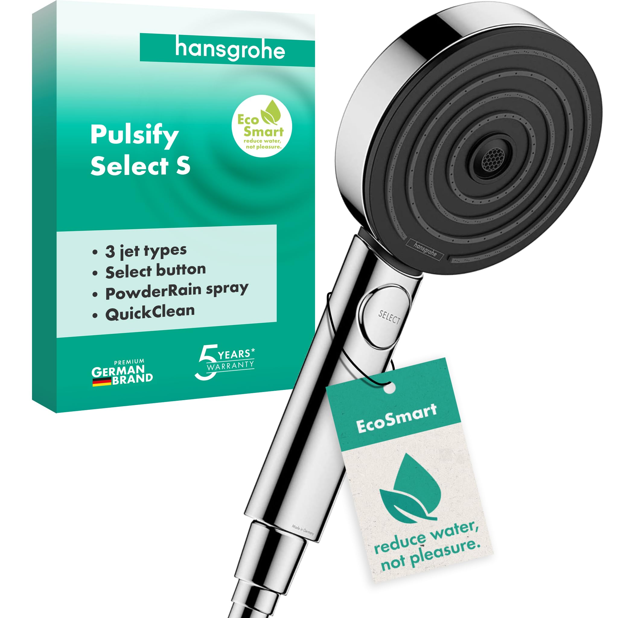 hansgrohe Pulsify Select S Pommeau de douche économie d'eau 9 l/min EcoSmart Douchette à main 3 types de jet Edition Relaxation Ronde 105 mm Chromé