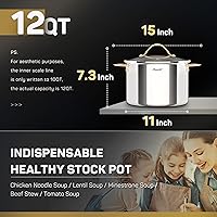 Vista 4 de Olla de stock de 12 cuartos, olla de acero inoxidable 18/10 de tres capas con tapa, olla de cocina sin costuras de 12 QT con asa de cobre, ollas