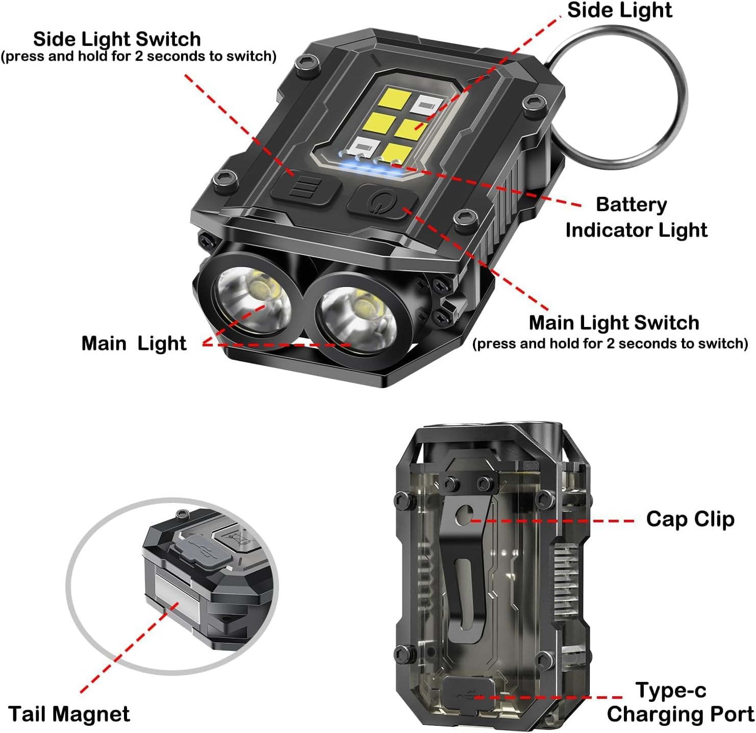 4PACK EDC Keychain Flashlight - Super Bright Mini Keychain Light with Hat Clip, Magnetic Base, Rechargeable Small Pocket Flash Lights for Emergency,Outdoor Activities,Walking Dog