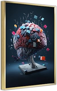 Stunning 3D Brain Poster with Contemporary Style and Aluminum Frame - A Beautiful Way to Experience The Beauty and Power of The Human Brain Wall Art Decoration (16x24inch,Gold1)