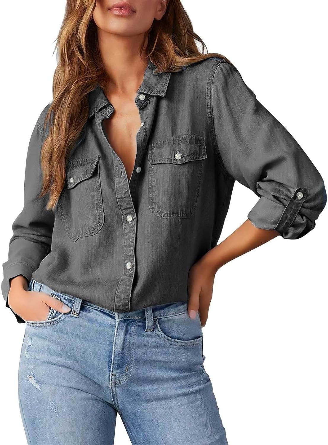 Women's Button Down Denim Shirt Collared Casual Long Sleeve V Neck Chambray Jean Western Shirts with Pockets