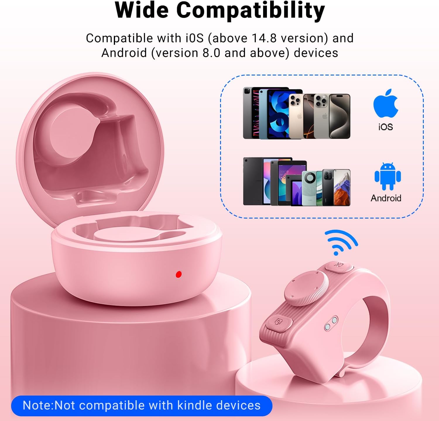 [Quick Connect, New Features] Remote Scrolling Ring for Tiktok,Page Turner for Kindle App,Bluetooth Camera Shutter Remote for iPhone, Android,iOS,iPad,Tablet-Light Pink