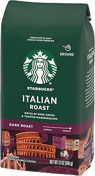 Starbucks Ground Coffee, Italian Roast, Dark Roast Coffee, Notes of Dark Cocoa & Toasted Marshmallow, Ground 100% Arabica Coffee, 12-Ounce Bag (Pack of 6)