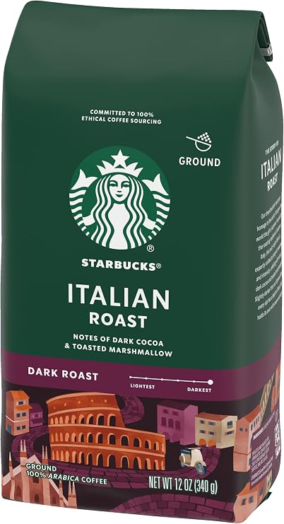 Starbucks Ground Coffee, Italian Roast, Dark Roast Coffee, Notes of Dark Cocoa & Toasted Marshmallow, Ground 100% Arabica Coffee, 12-Ounce Bag (Pack of 6)