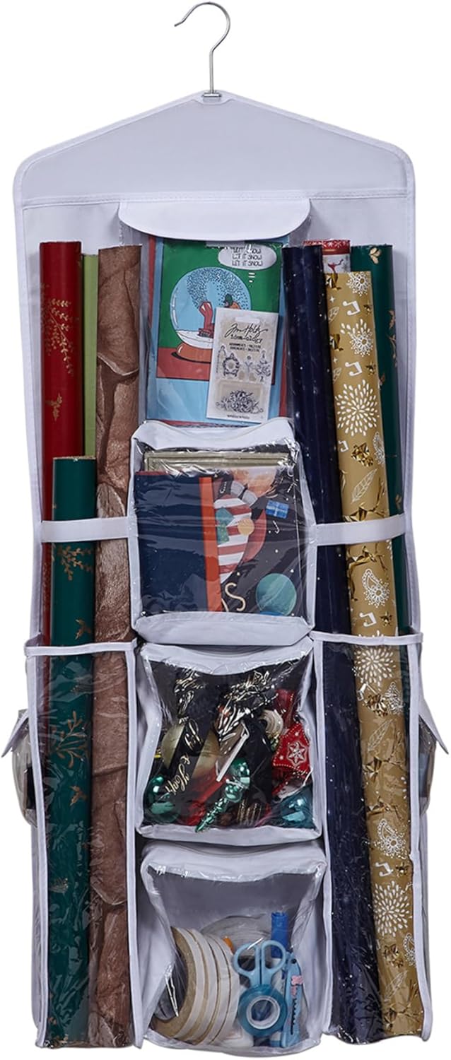 Wrapping Paper Storage Double-Sided Christmas Kids Gift Wrapping Paper Organizer with Clear Pockets 40x16 Inch Hanging Gift Craft Wraping Roll Containers Xmas Decor