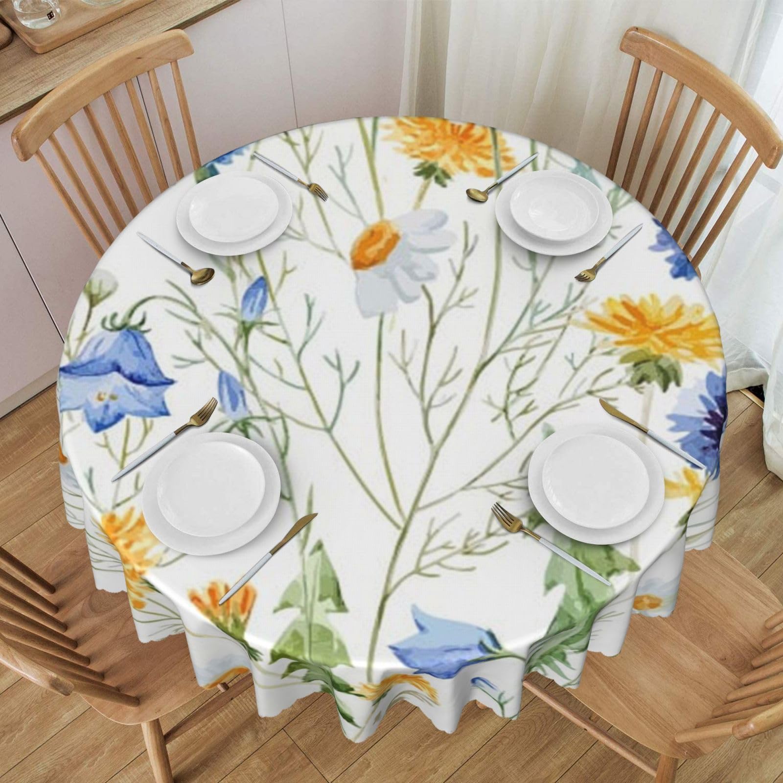 DCEHGEW 60 In Round Tablecloth with Lace, Floral Printed Oilproof & Washable Fabric Picnic Table Cloth Table Covers