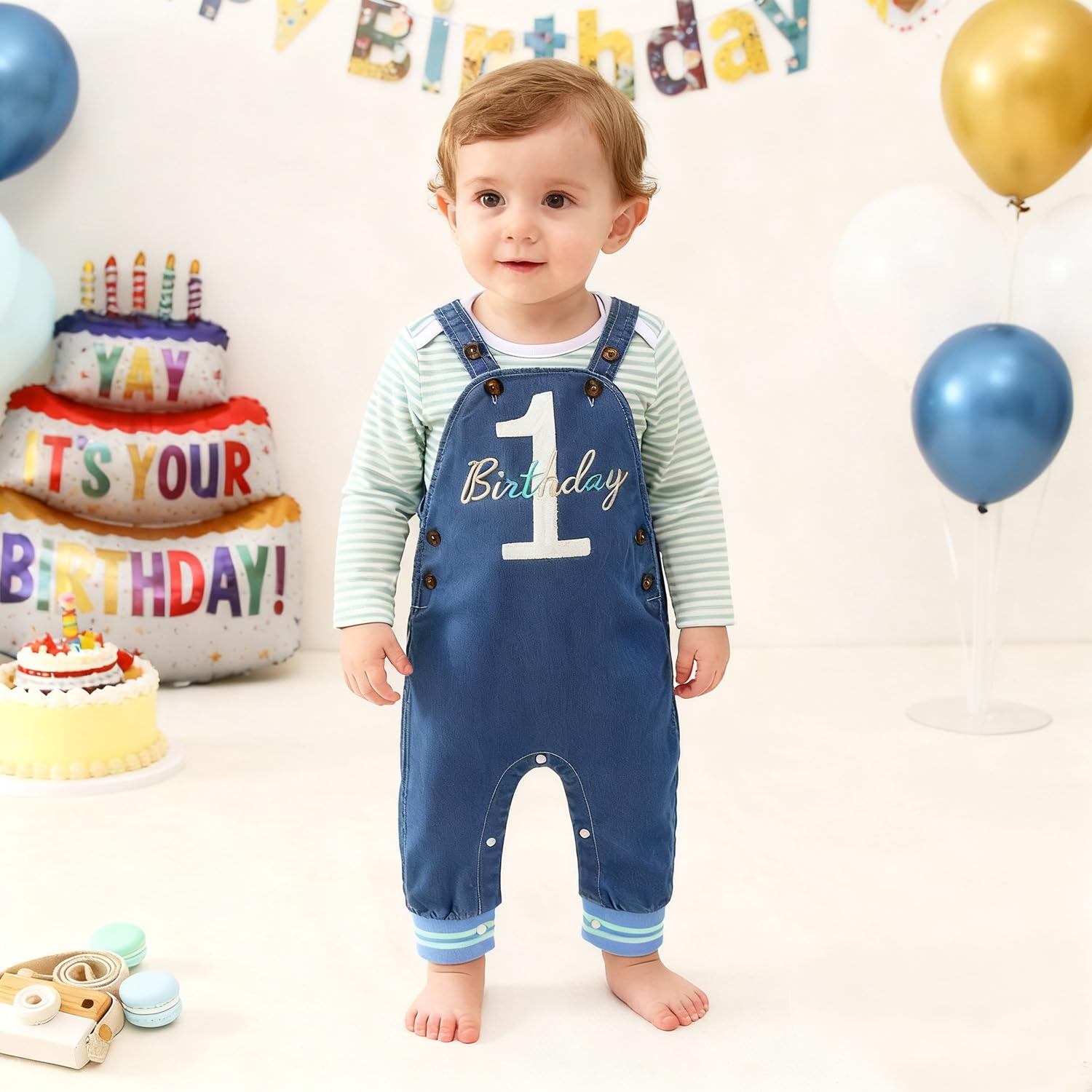 BOUTIKOME Jungen 1. Geburtstag Outfit Baby Junge Overall Set Neugeborenen Kleidung Streifen Langarm Strampler Einstellbare Jeans Latzhose mit knöpfe Stickerei Drucker Bekleidungsset