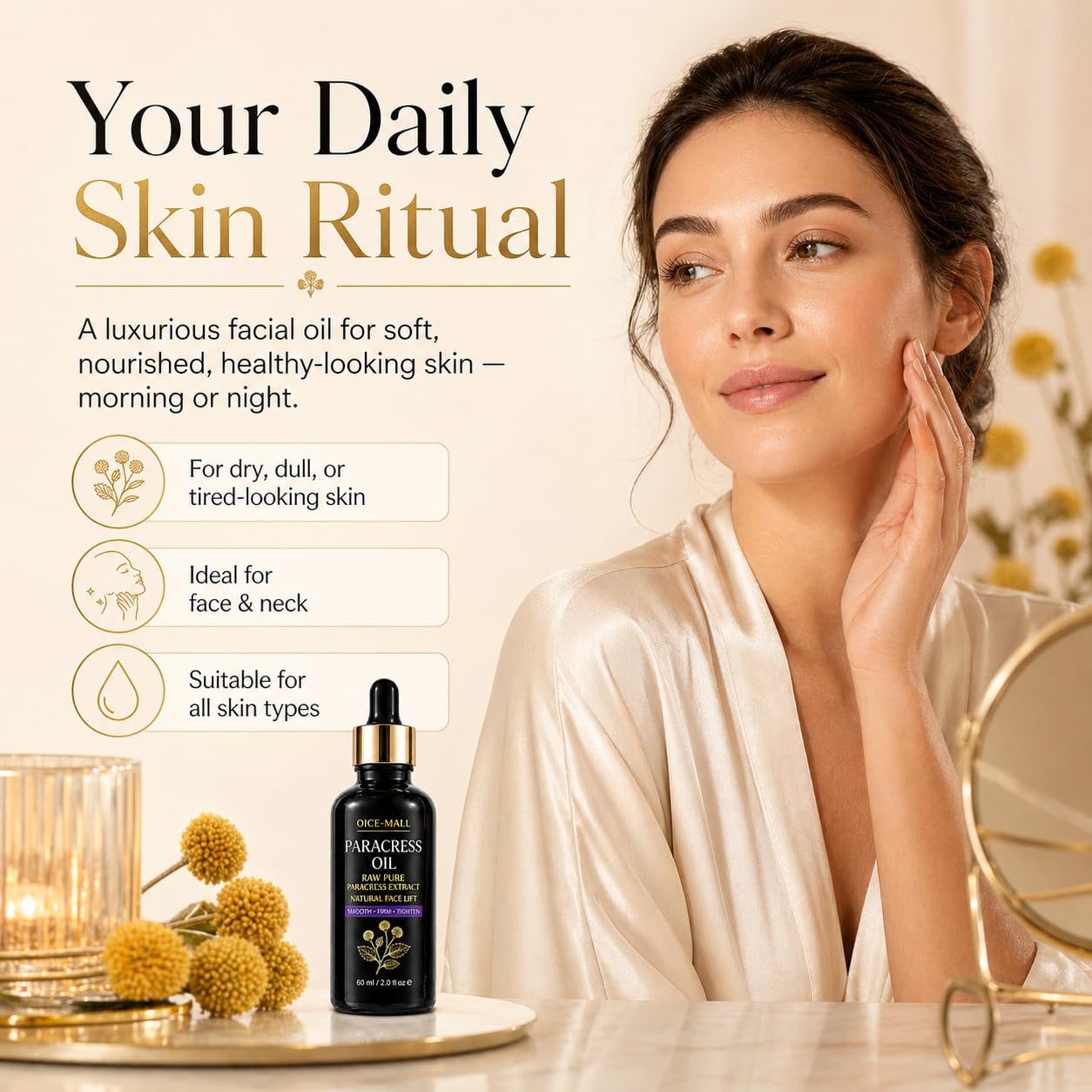 Organic Paracress Facial Oil, Lightweight Face Oil Moisturizer with Paracress Extract, Helps Improve Look of Fine Lines & Firmness, for Gua Sha, Facial Massage & Radiant Glow, 2 fl oz