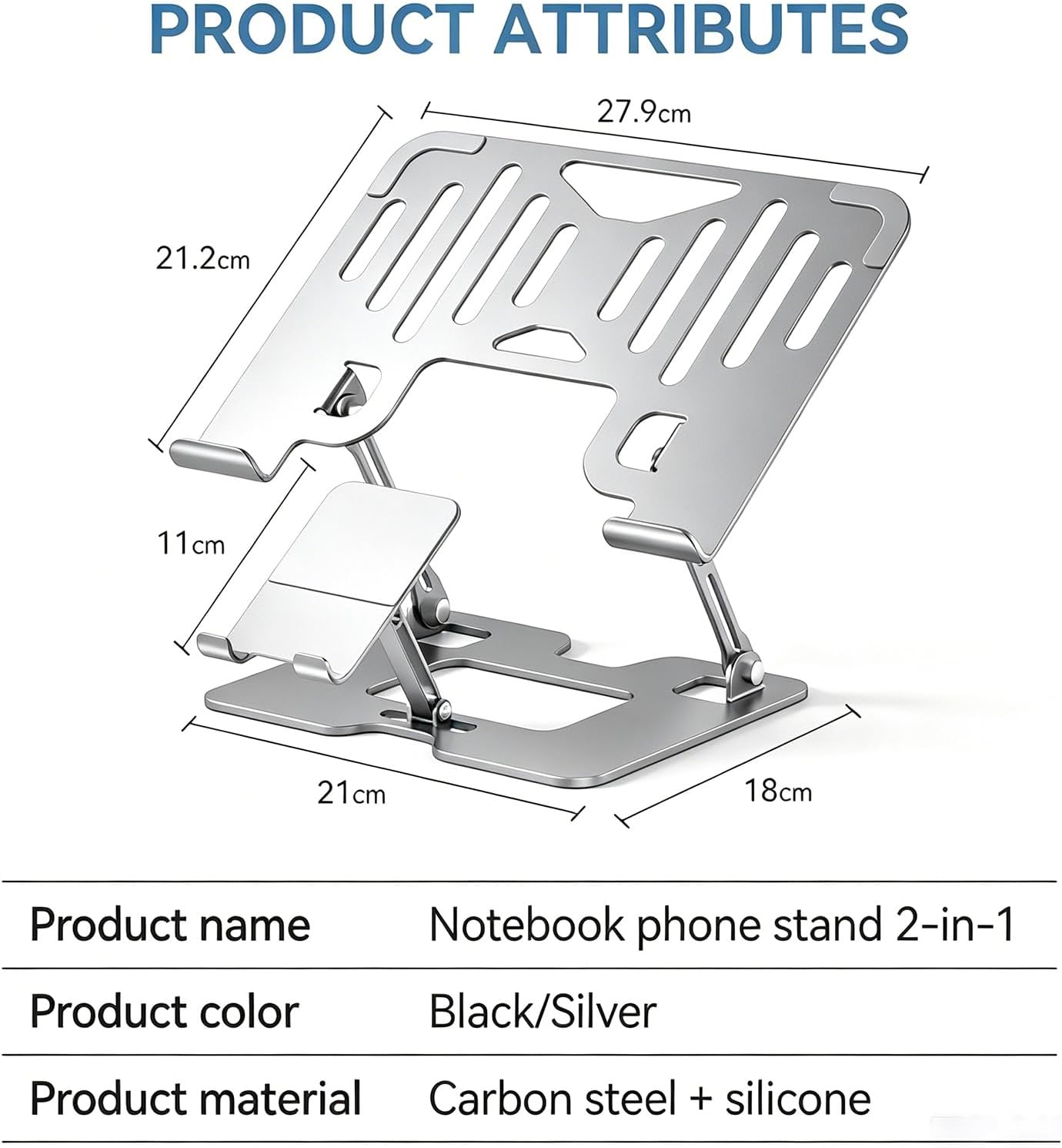 Adjustable Laptop Stand with Phone Holder, Ergonomic Alloy Steel Laptop Riser, Portable & Foldable Computer Stand for Desk, Compatible with MacBook Pro/Air All 10-18" Laptops (Silver) image 5